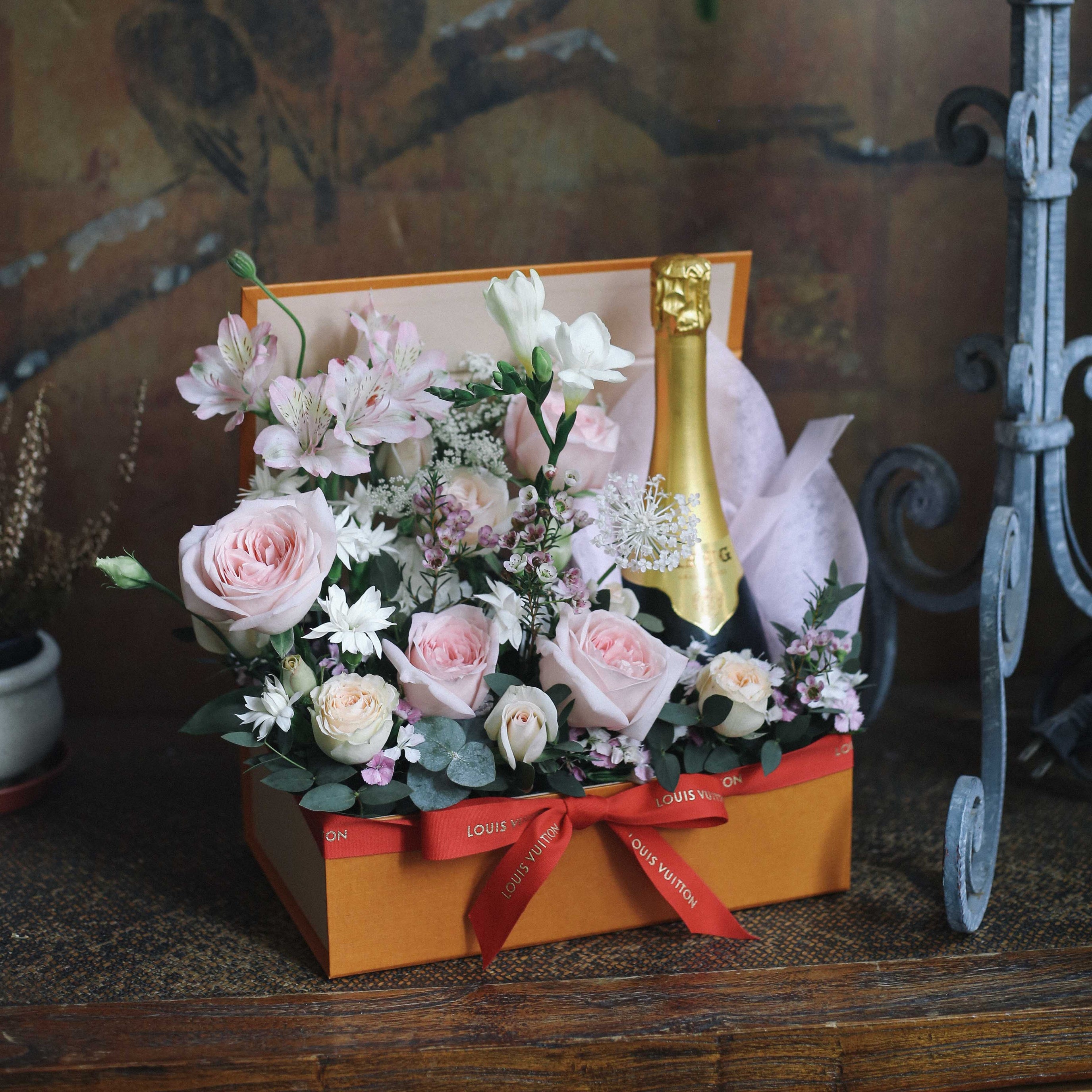 LV Flower Box with wine